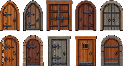 Medieval Wooden Door Collection with Rustic Castle Gates Vintage Arched Entrances Fantasy Architecture and Vector Illustration Set