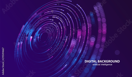 Circle technology ai dots banner. Big data glowing blurred background. Artificial Intelligence fluid circles in futuristic connect design.
