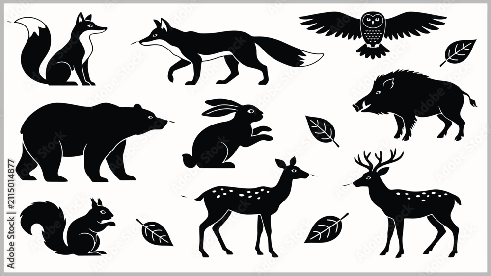 Obraz premium Forest wildlife black silhouettes vector icons set, woodland animals stencil collection with deer fox bear owl and wild boar isolated on white background