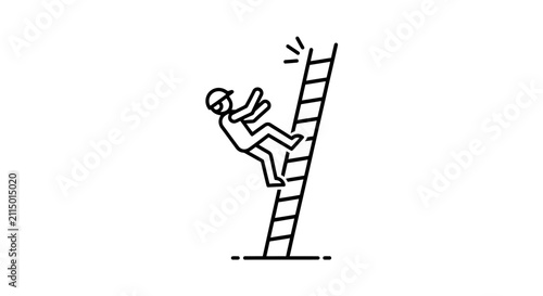 Foto Line art illustration of a person in a hard hat falling off a tall ladder, depicting a workplace accident or safety hazard