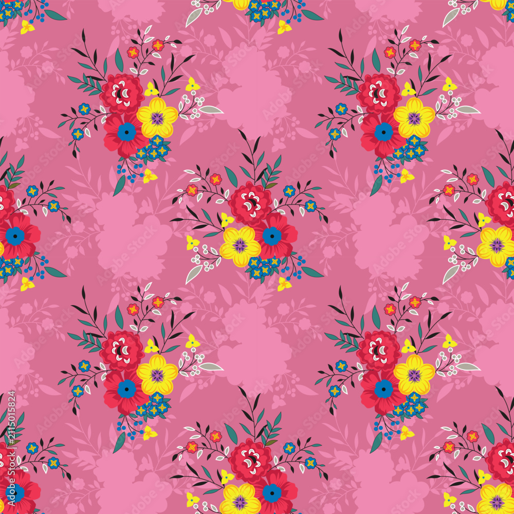 Fototapeta premium Vibrant floral seamless pattern with red with illustration