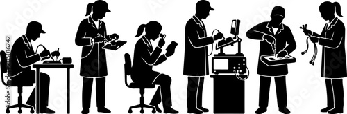 Silhouettes of scientists and technicians working in a laboratory vector illustration