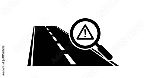 Vector illustration of road inspection icon with magnifying glass and warning sign on a transparent background