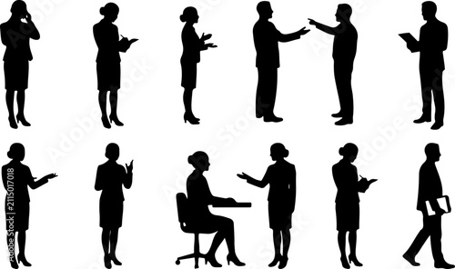 Set of business people silhouettes in various poses and actions vector illustration
