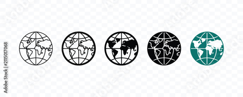 Fotografie Globe icon set showing world map in various line and solid styles with geography