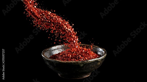 Fresh red chili pepper flakes falling into a small dark ceramic bowl on black background. Korean chili powder