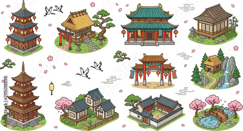 Canvastavla Traditional East Asian Architecture Vector Icon Set with Pagoda Temple Gate Sto