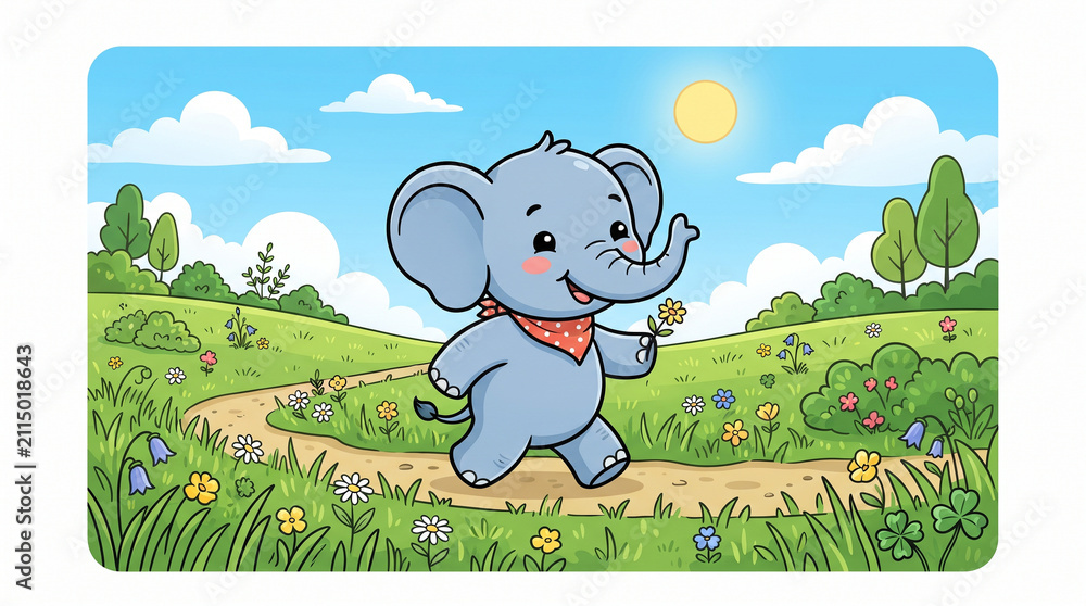 Fototapeta premium Cute Baby Elephant Mascot Vector Illustration in Green Grass Field