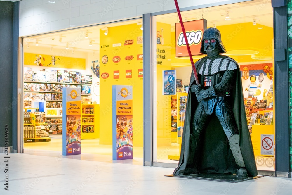 Fototapeta premium Belgrade,Serbia-July 9,2018.Image shows the facade of a Lego store with a Darth Vader figure outside of it.
