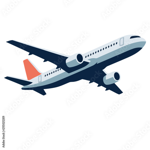 Modern airplane flat vector illustration in dynamic flying pose isolated on white background
