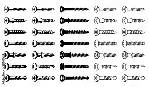 Quadro su tela Industrial Metal Screw and Bolt Fastener Icon Set with Self Tapping Wood Screws