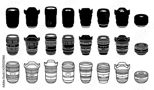 Obraz na płótnie Professional Camera Lens Icon Set Featuring Telephoto Zoom Wide Angle and Prime