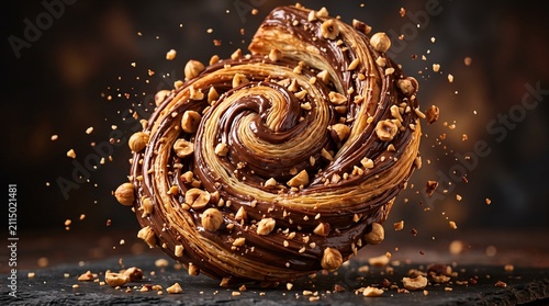 Spinning hazelnut dough vortex bun swirl filled with rich chocolate cream and flying nuts on dark background