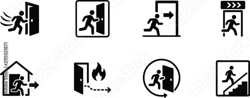 Fotografie Emergency Exit Icon Set Vector with Evacuation Route Safety Symbols