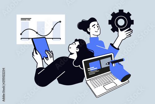 Creative business concept of web development and seo. Vector illustration for web banner, social media banner, business presentation, marketing material. 