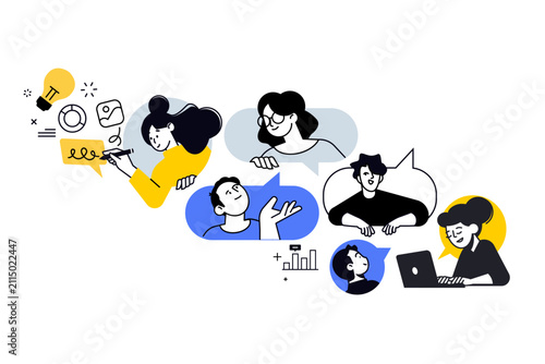 Teamwork, team management and communication. Vector illustration for web banner, social media banner, business presentation, marketing material. 