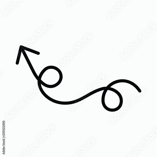 Whimsical curly arrow pointing upwards with decorative loops, simple line art icon, abstract graphic element, isolated on white background, modern design concept for direction and movement.
