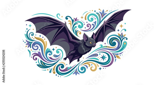 фотографія Bat illustration with purple wings and yellow eyes is surrounded by intricate, colorful floral and swirl patterns, creating a decorative and whimsical design