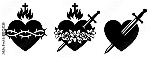 Sacred heart of jesus and immaculate heart of mary symbols in black silhouette style