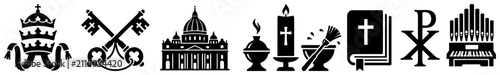 Vatican City and Catholic liturgical symbols collection in silhouette style