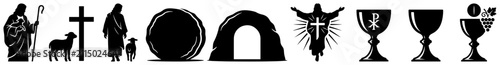 Foto Jesus resurrection and good shepherd symbols including empty tomb and eucharist