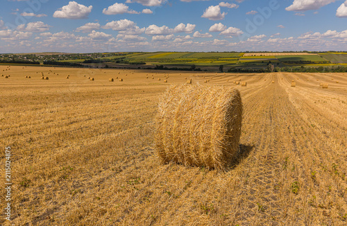 Photography Straw bales on harvested wheat field aerial drone view, agricultural cereal crop