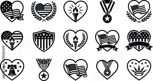 patriotic american heart icons with flags torches and medals for veterans day Veterans Day