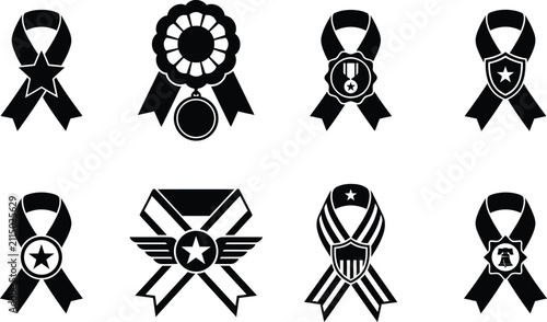Collection of black and white ribbon icons with symbolic emblems for awards and recognition Veterans Day