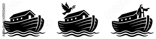 Canvas Print Noahs ark with dove of peace and waves in black silhouette style