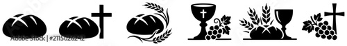 Holy Eucharist symbols with bread and chalice icons for religious celebrations silhouette collection