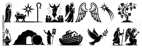 Biblical scenes and christian religious symbols featuring nativity resurrection and noahs ark in black flat style
