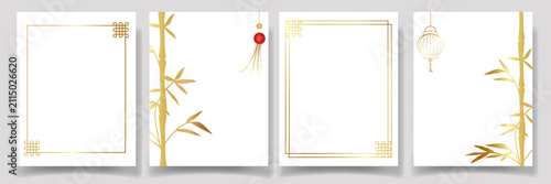 Set of Elegant gold Asian Frames with bamboo, lanterns, traditional Chinese elements with clean copy space. For Minimal Mid Autumn Festival, Chinese New Year, invitations, certificates, menus