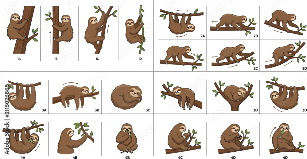 Obraz premium Educational flat vector collection of sloth movement studies showing climbing, locomotion, and resting positions.