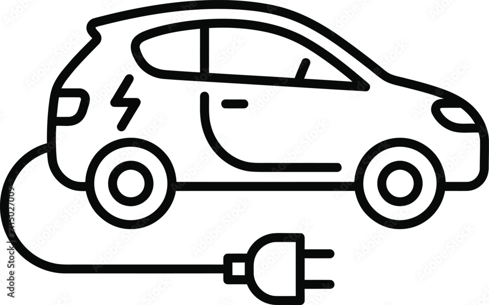 Naklejka premium Electric car charging icon line art eco friendly vehicle outline drawing.