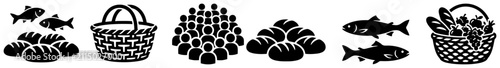 Miracle of the loaves and fishes with crowd and baskets in black silhouette style