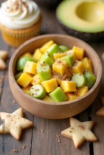 wooden bowl filled with spiced diced mango and avocado salad garnished with star anise, surrounded by star-shaped cookies, cinnamon sticks, and frosted cupcakes on a rustic surface