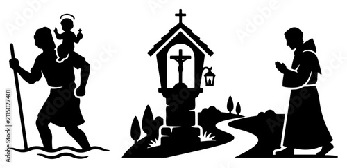 Cuadro en lienzo Saint Christopher carrying child Jesus and praying monk with wayside shrine in b