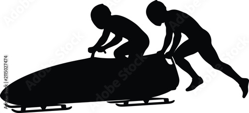 фотографія Two man bobsleigh team pushing sled winter sports competition action vector silh