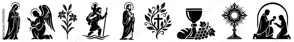Obraz premium Catholic religious icons showing sacraments saints and eucharistic symbols in black flat style