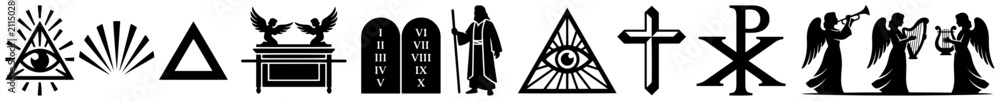 Obraz premium Biblical symbols featuring Ten Commandments Ark of the Covenant and Eye of Providence in black flat style