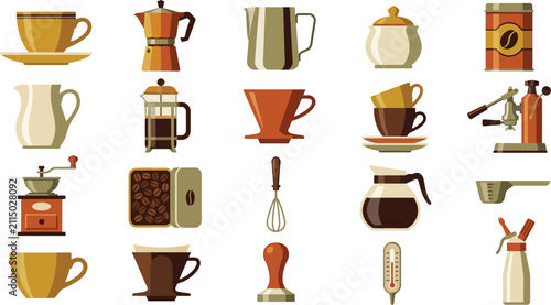 Flat vector collection of coffee brewing tools and cafe equipment icons for professional barista menu design set