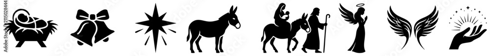 Obraz premium Christmas Nativity characters and biblical religious symbols silhouette set