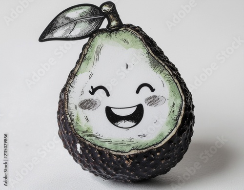 Cute smiling avocado character illustration with a happy face and leaf, cartoon style art on white background