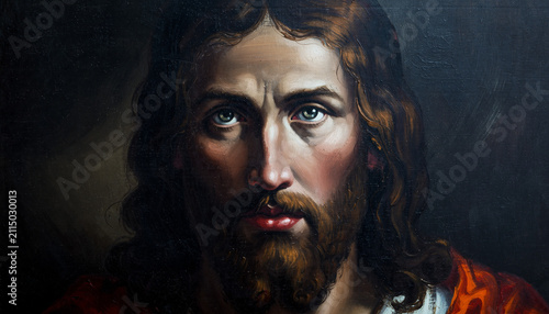 Classic Oil Portrait of a Holy Man with Beard and Long Hair Looking Skyward for Divine Inspiration