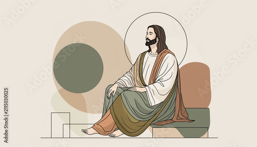 Minimalist meditative illustration of religious figure with halo and abstract shapes