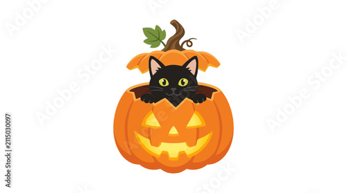 Фотография Black cat with bright yellow eyes peeks out from inside a carved orange pumpkin with a glowing face, set against a plain white background