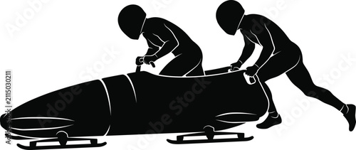 Fotografie Two man bobsleigh team pushing sled winter sports competition action vector silh