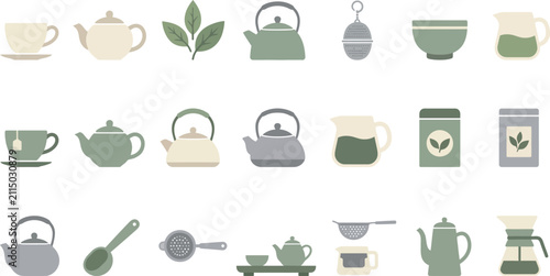 Flat vector collection of tea time elements including teapots cups strainers and leaves in a minimalist style