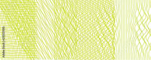 Abstract lime green guilloche pattern set, decorative security line art textures, geometric wavy line background for certificate and currency design