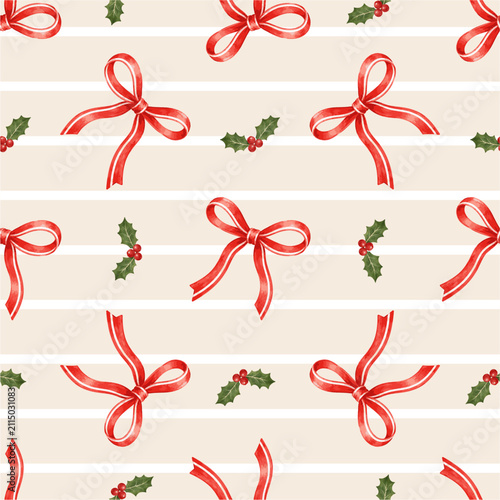 Christmas Red Ribbon Bow Seamless Pattern with Holly Berries on Beige Striped Background